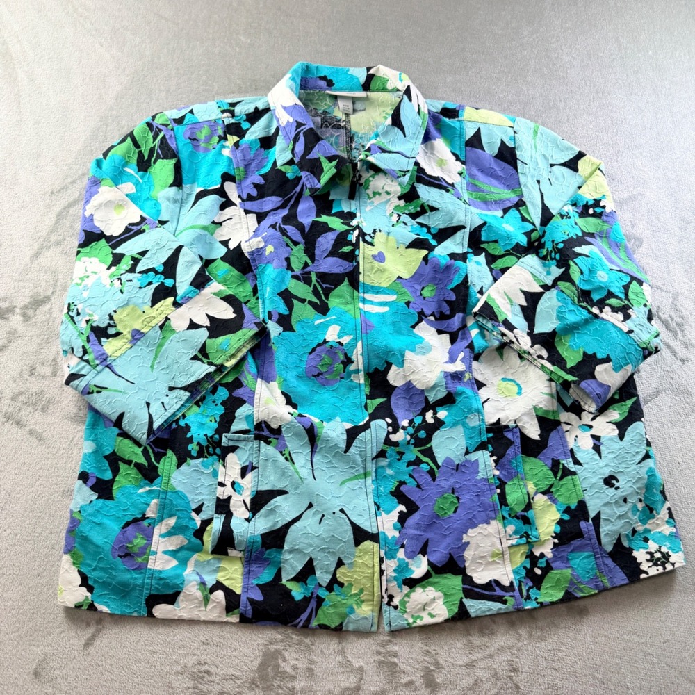Dressbarn Women's 22W Floral Matelasse Zip Up Jacket Blue Green